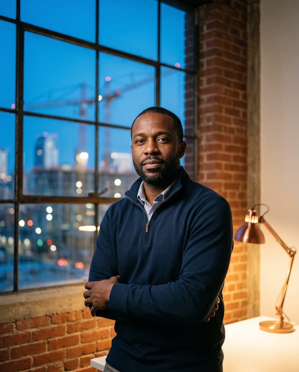 Andre Ellison, controller, by a tall warehouse window at blue hour