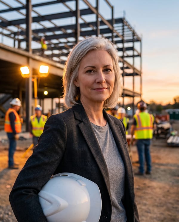 Colleen Brandt, founder of Ironbark Accounting, on a job site at dusk with a white hard hat under her arm