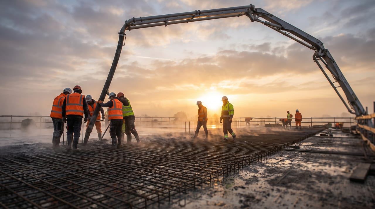 A crew in hi-vis vests guiding a concrete pump hose over rebar at dawn