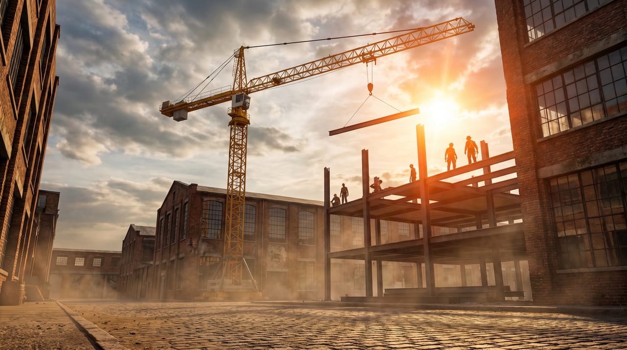 A tower crane lifting a steel beam over a rising steel frame at golden hour