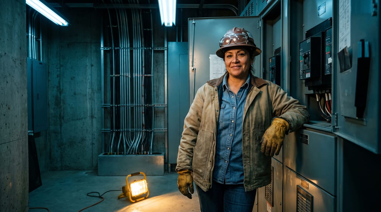 The owner of an electrical subcontractor standing beside open switchgear in an electrical room