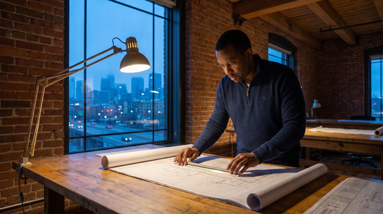 An estimator leaning over blueprints on a plan table in a warehouse office at blue hour