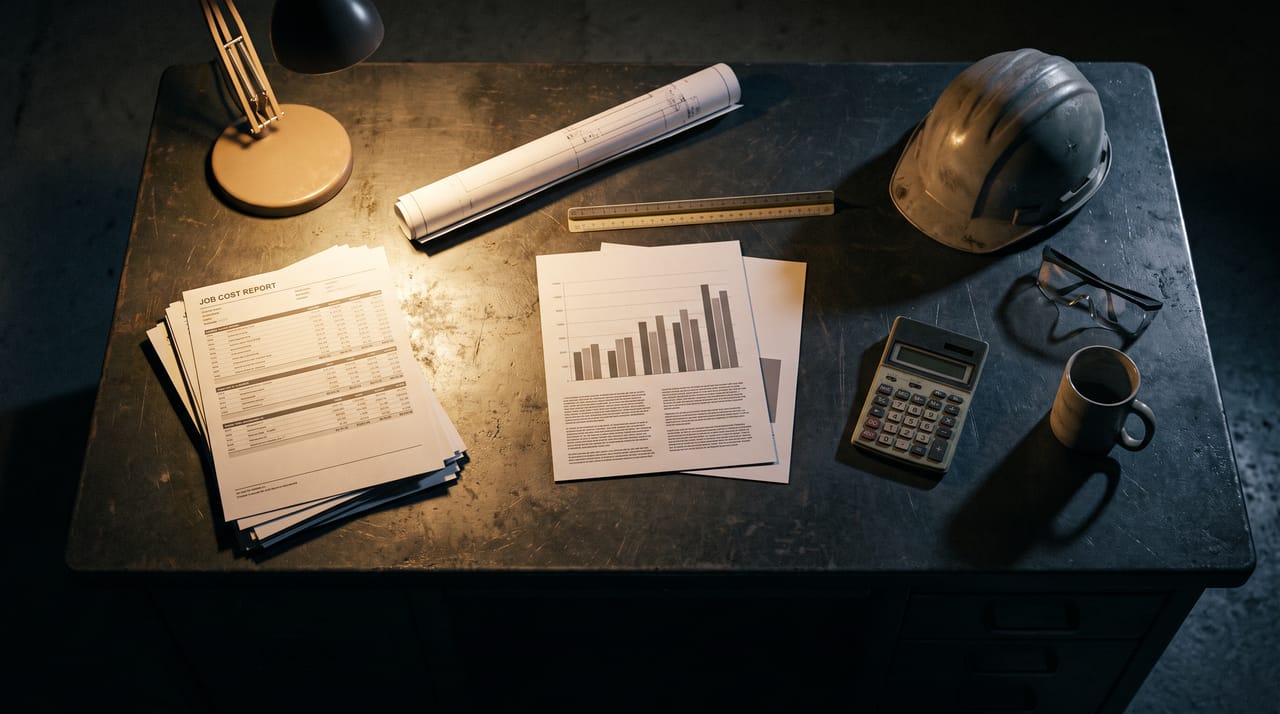Printed job cost reports, a rolled blueprint and a hard hat on a dark desk under a lamp