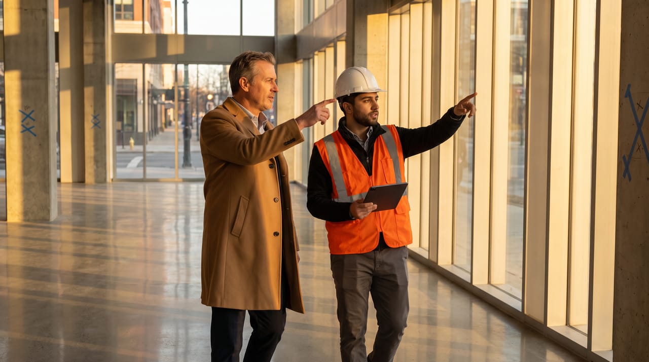 A building owner and a general contractor walking through a finished lobby at golden hour