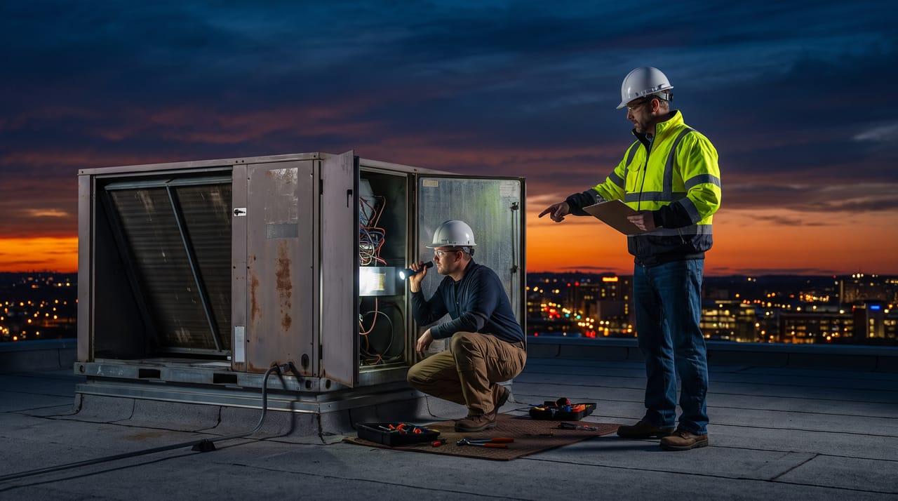 An HVAC technician servicing a rooftop unit at dusk while a foreman holds a clipboard