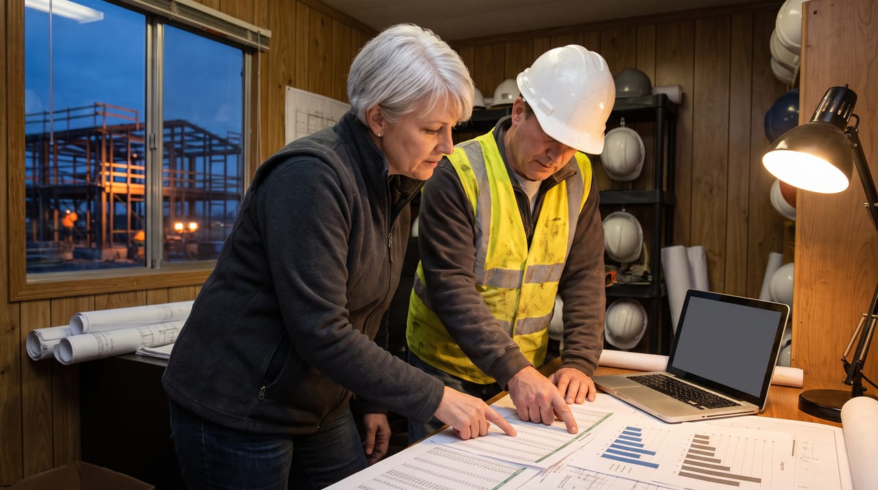 A construction accountant and a superintendent reviewing a printed report in a site trailer at dusk