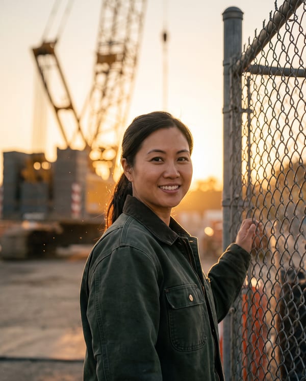 Teresa Tran, payroll lead, at a job site fence at golden hour